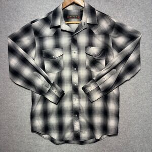 Roper Mens Western Pearl Snap Shirt Large Black Grey Ombre Plaid Metallic‎